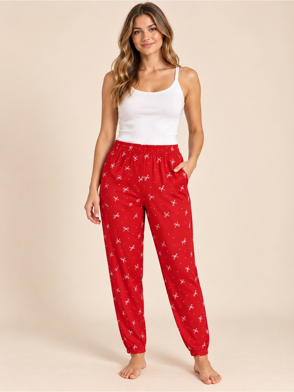 AERIE Red White Bow Print Elastic Waist Tapered Jogger Pants small 28x30